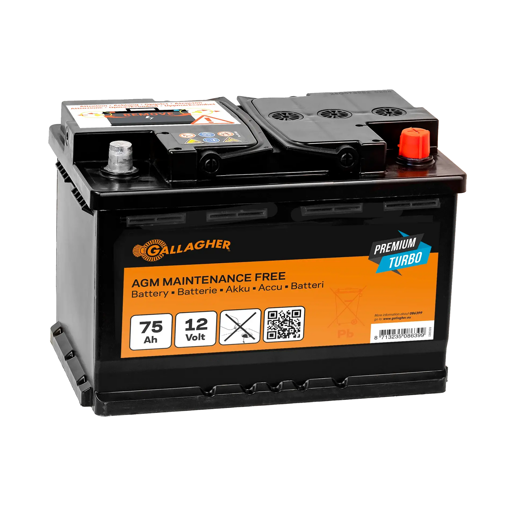 Gallagher Battery 12V/75Ah Premium Turbo AGM - 278x175x190