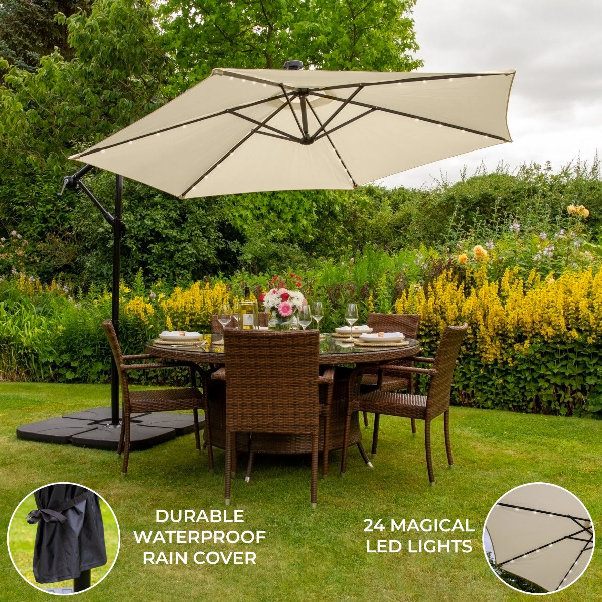 Cream 3m LED Cantilever Parasol with Plain Base for Patio