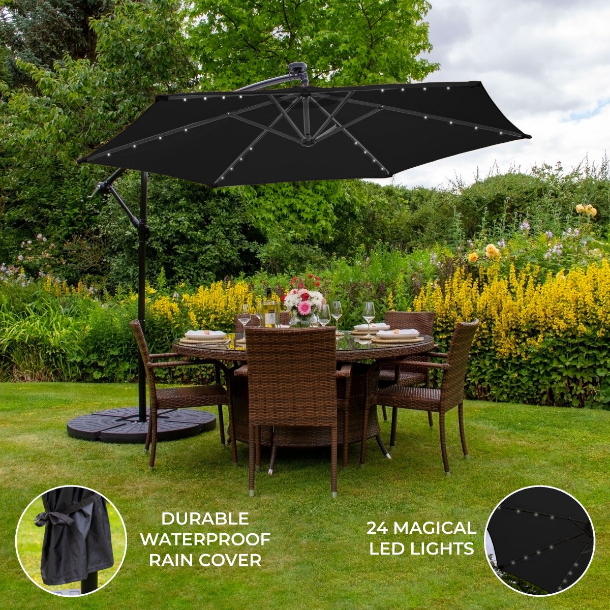 Black 3m LED Cantilever Patio Parasol With Fan Base