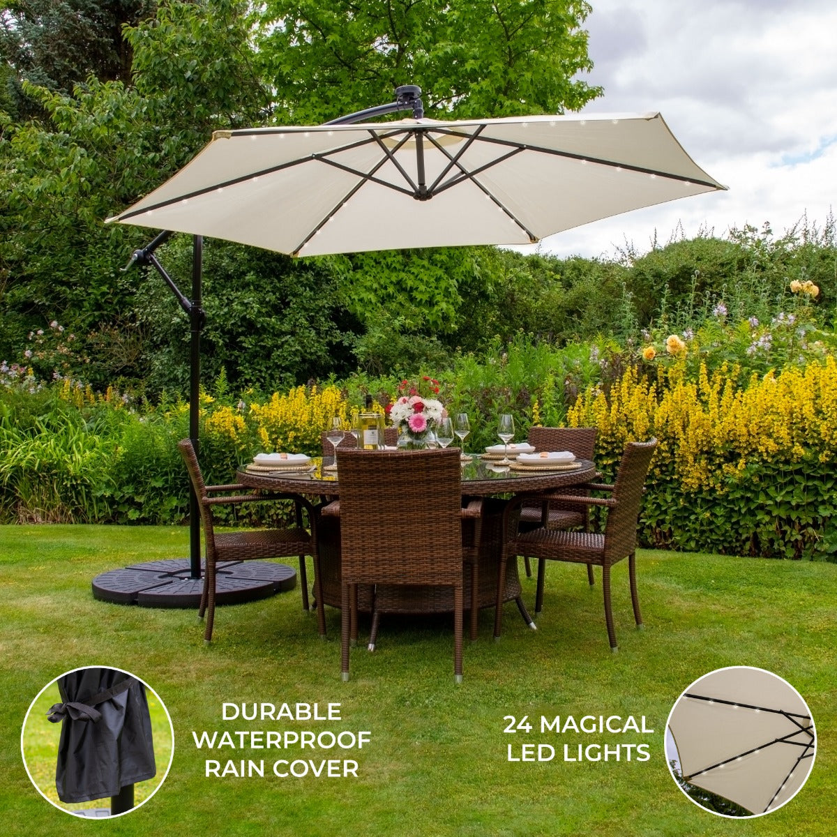 Cream 3-Metre LED Cantilever Parasol with Fan Base
