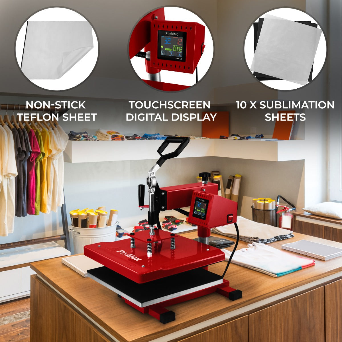Swing Heat Press 38 x 38 cm (15 x 15 in) with PTFE Sheet and Sublimation Paper