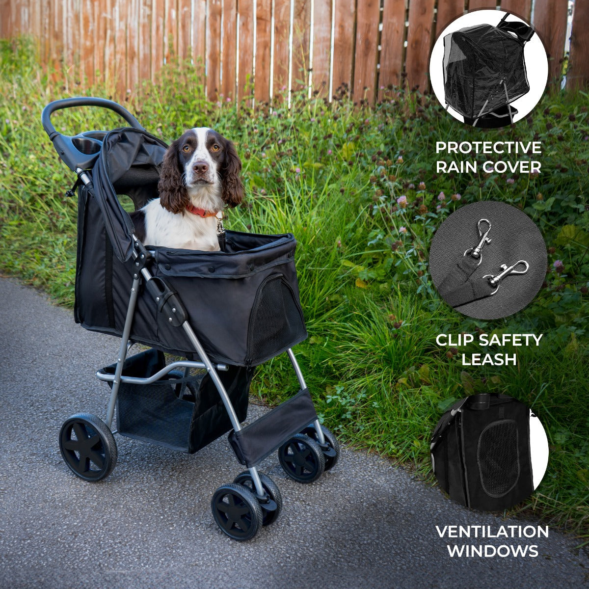 Black Pet Stroller with Rain Cover