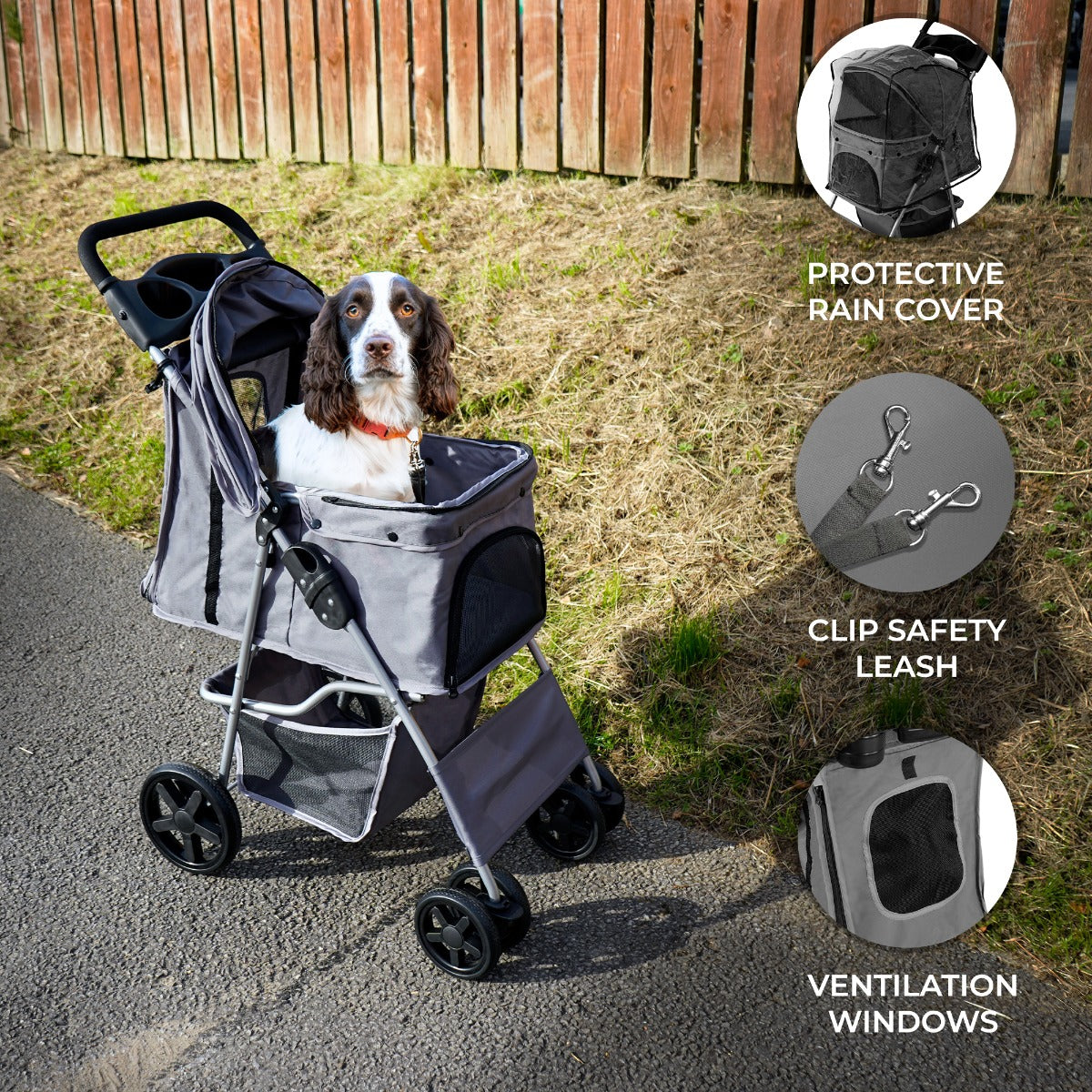 Grey Pet Stroller with Rain Cover