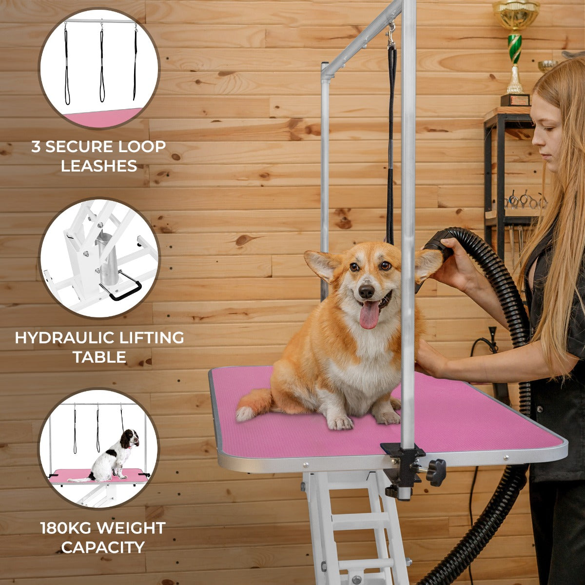 White Hydraulic Grooming Table with Pink Table Top