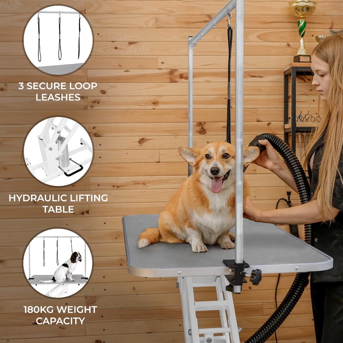 White Hydraulic Grooming Table with Grey Tabletop