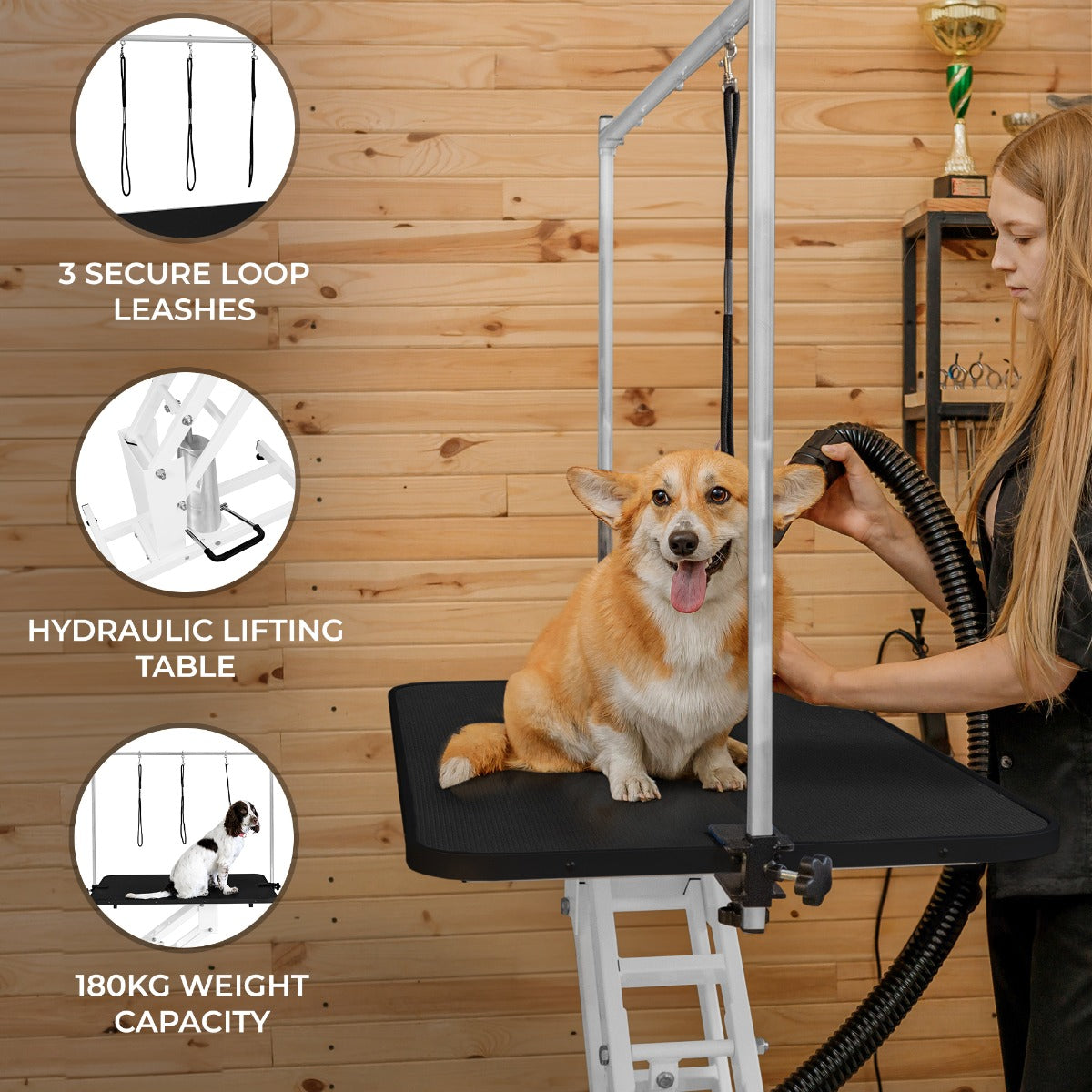 White Hydraulic Grooming Table with Black Tabletop