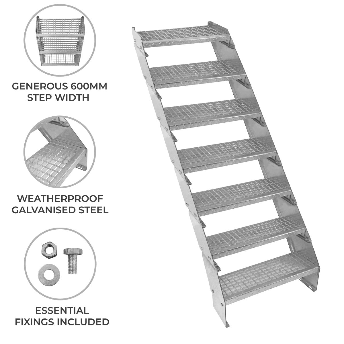 7-Section Adjustable Galvanised Staircase – 600 mm Wide