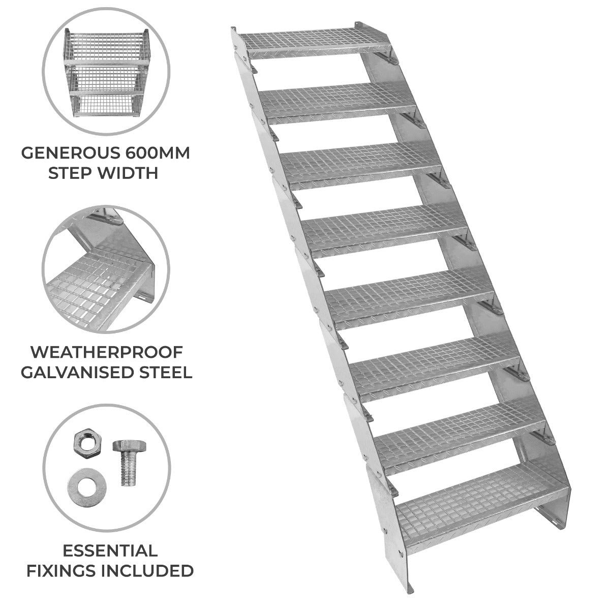 8-Section Adjustable Galvanised Staircase, 600 mm Wide