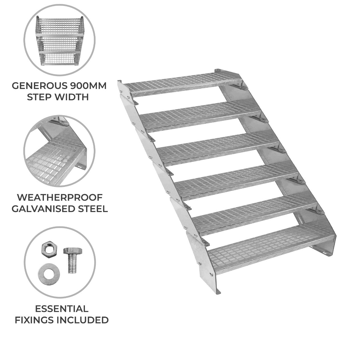 Adjustable 6-Section Galvanised Staircase, 900 mm Wide