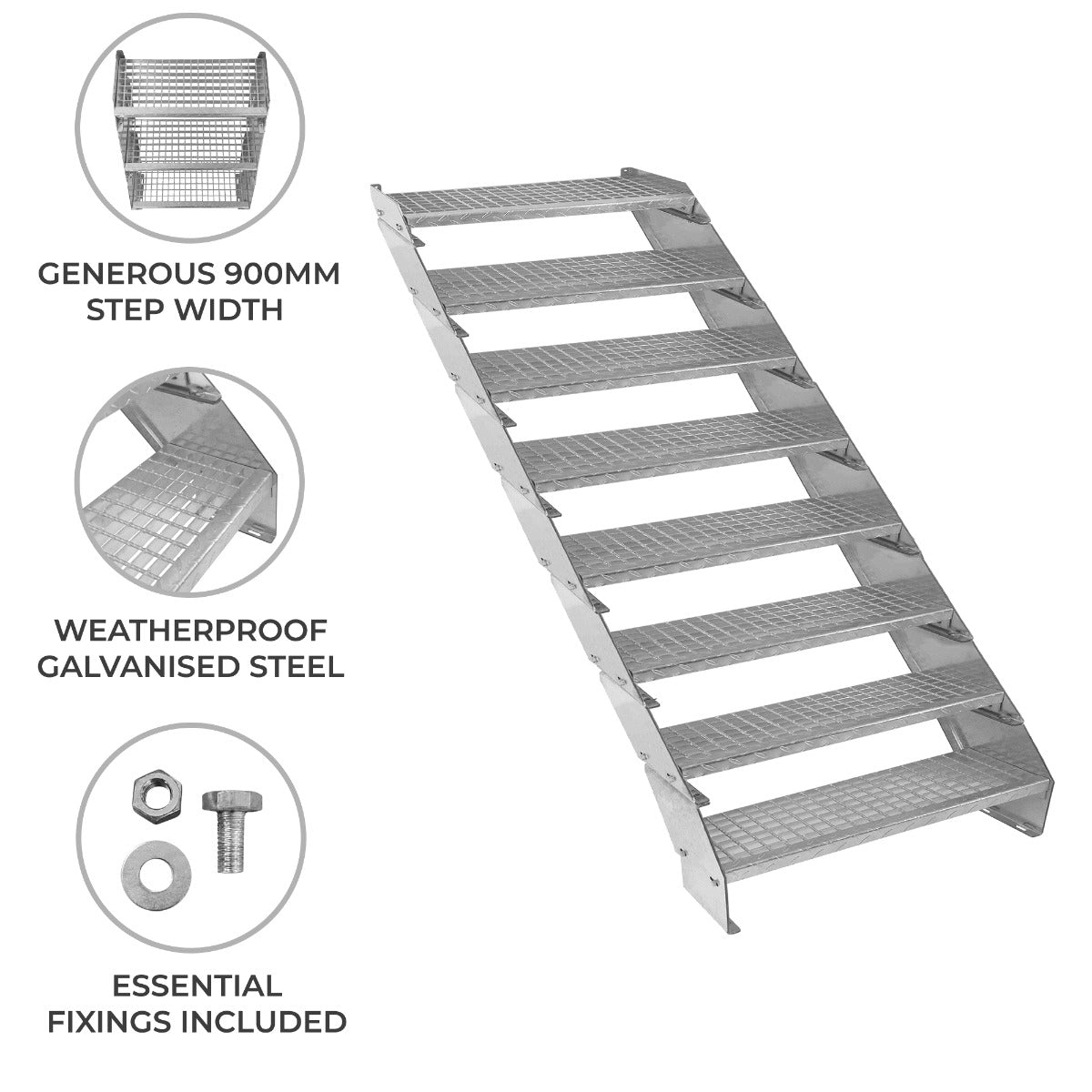 Adjustable 8-Section Galvanised Staircase, 900 mm Wide