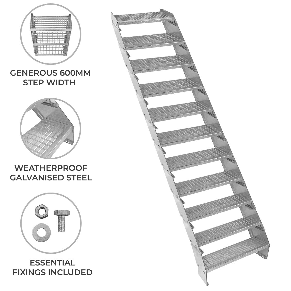 11-Section Adjustable Galvanised Staircase, 600mm Wide