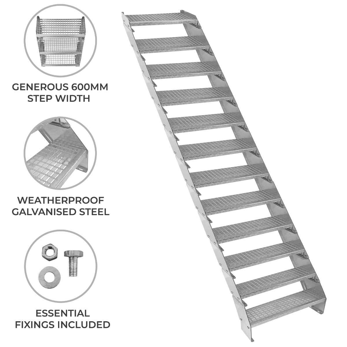 Adjustable 12-Section Galvanised Staircase, 600mm Width