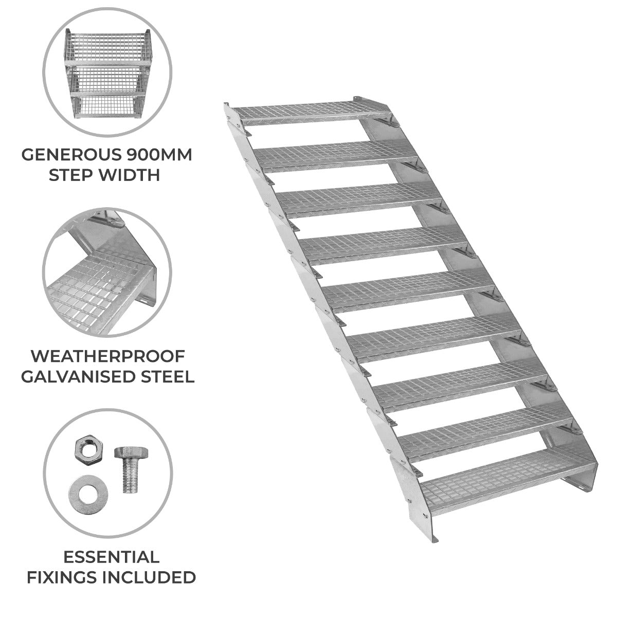 Adjustable 9-Section Galvanised Staircase, 900 mm Wide