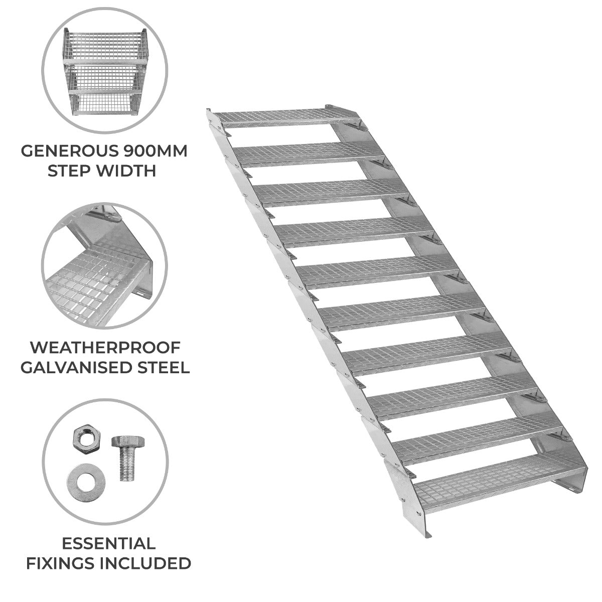 Adjustable 10-Section Galvanised Staircase, 900 mm Wide