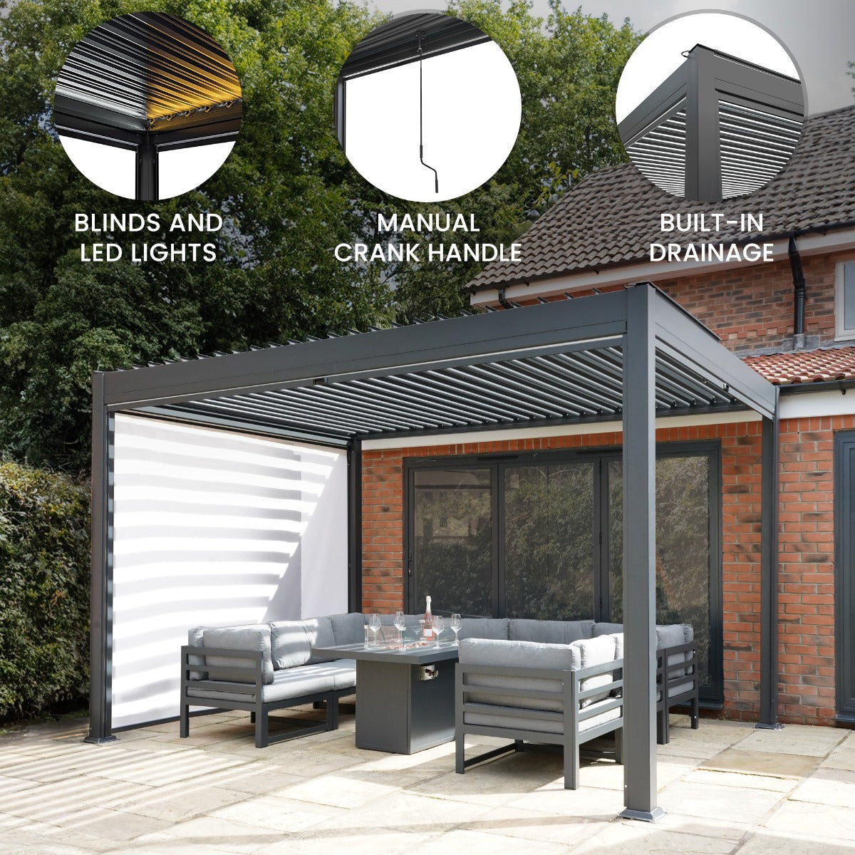 Anthracite Aluminium Pergola With White Blinds And LED Lights - 3m x 3m