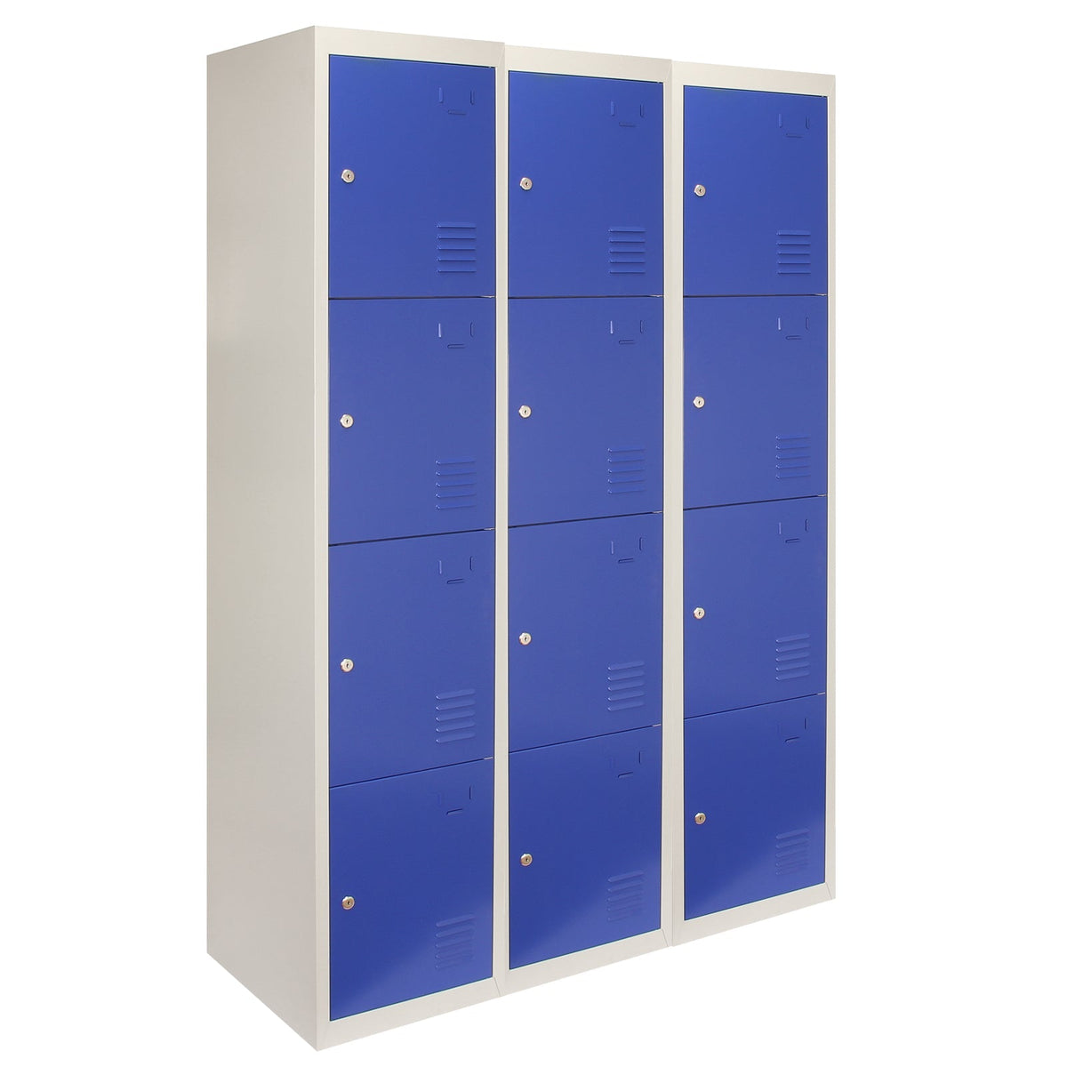3-Pack Metal Storage Lockers – Four-Door, Blue – Flat-Pack
