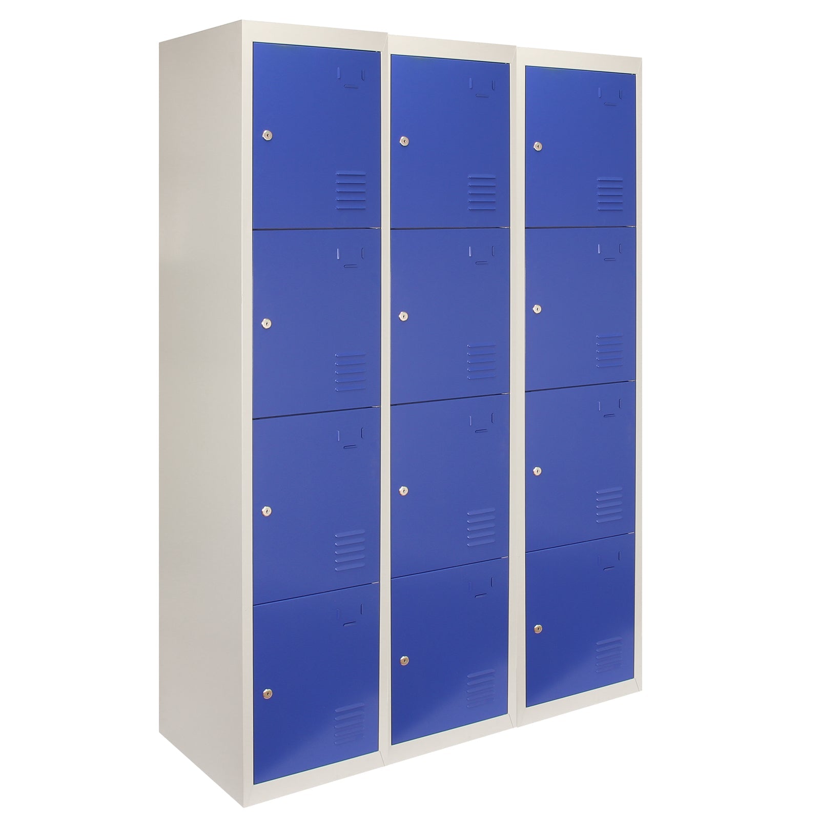 3-Pack Metal Storage Lockers – Four-Door, Blue – Flat-Pack