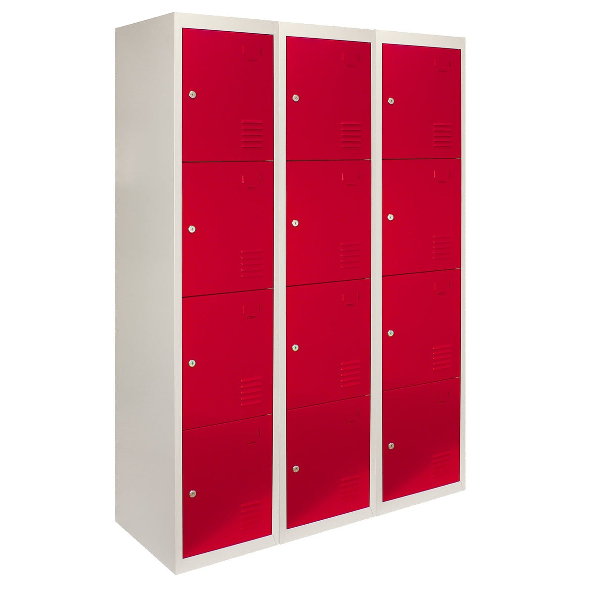 Set of 3 Red Metal Storage Lockers with Four Doors (Flat-Pack)