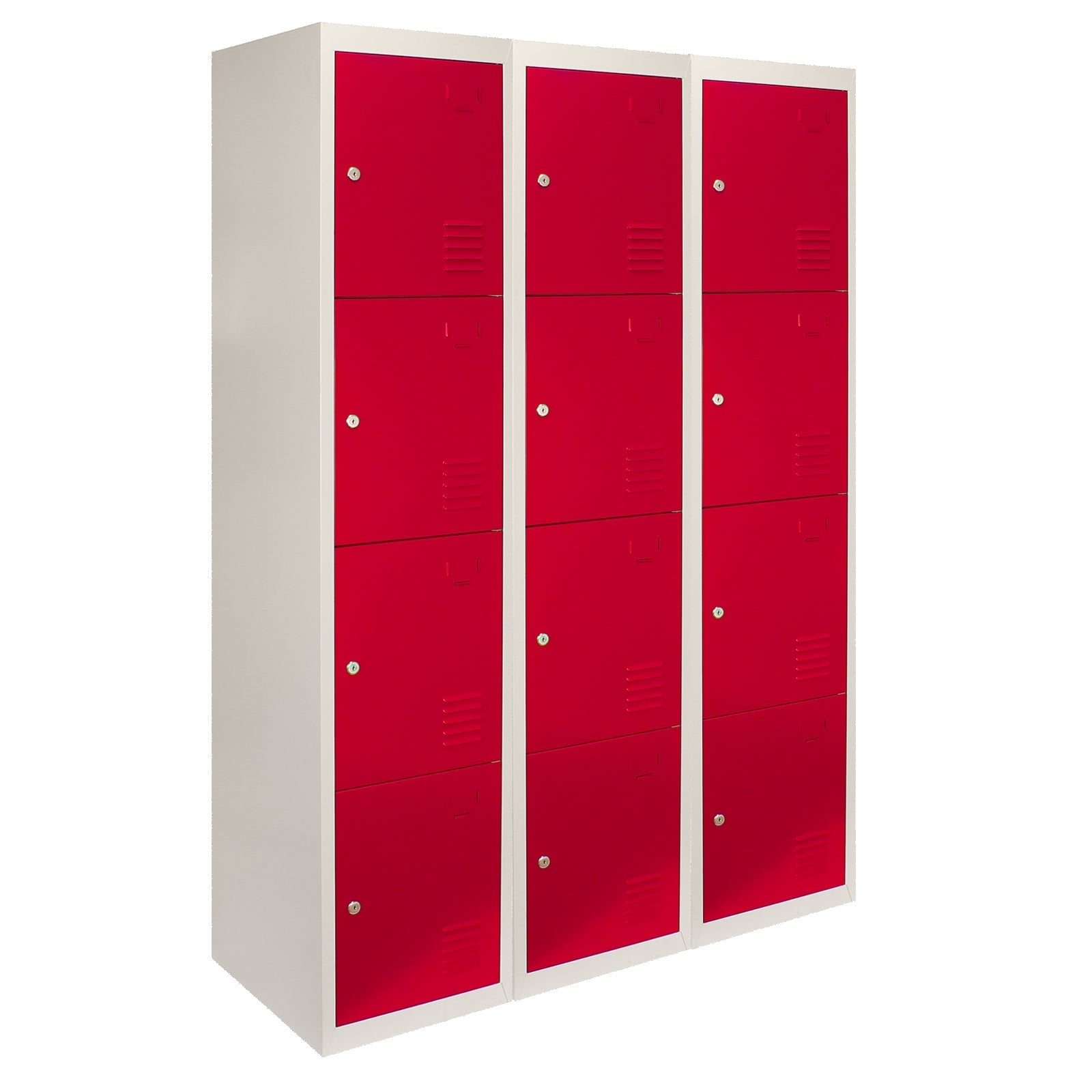 Set of 3 Red Metal Storage Lockers with Four Doors (Flat-Pack)