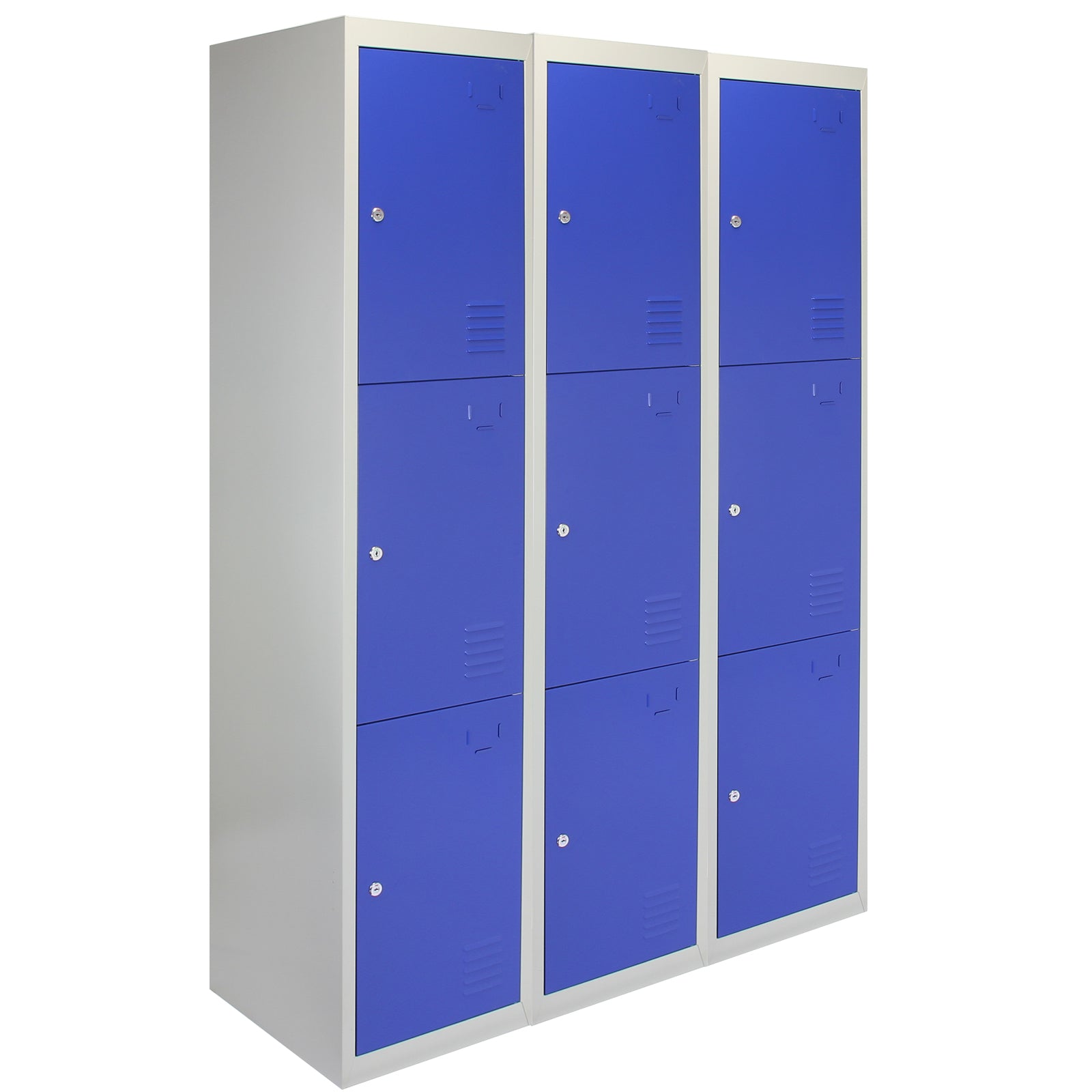 Set of 3 Blue Metal Storage Lockers, 3-Door, Flat-Pack