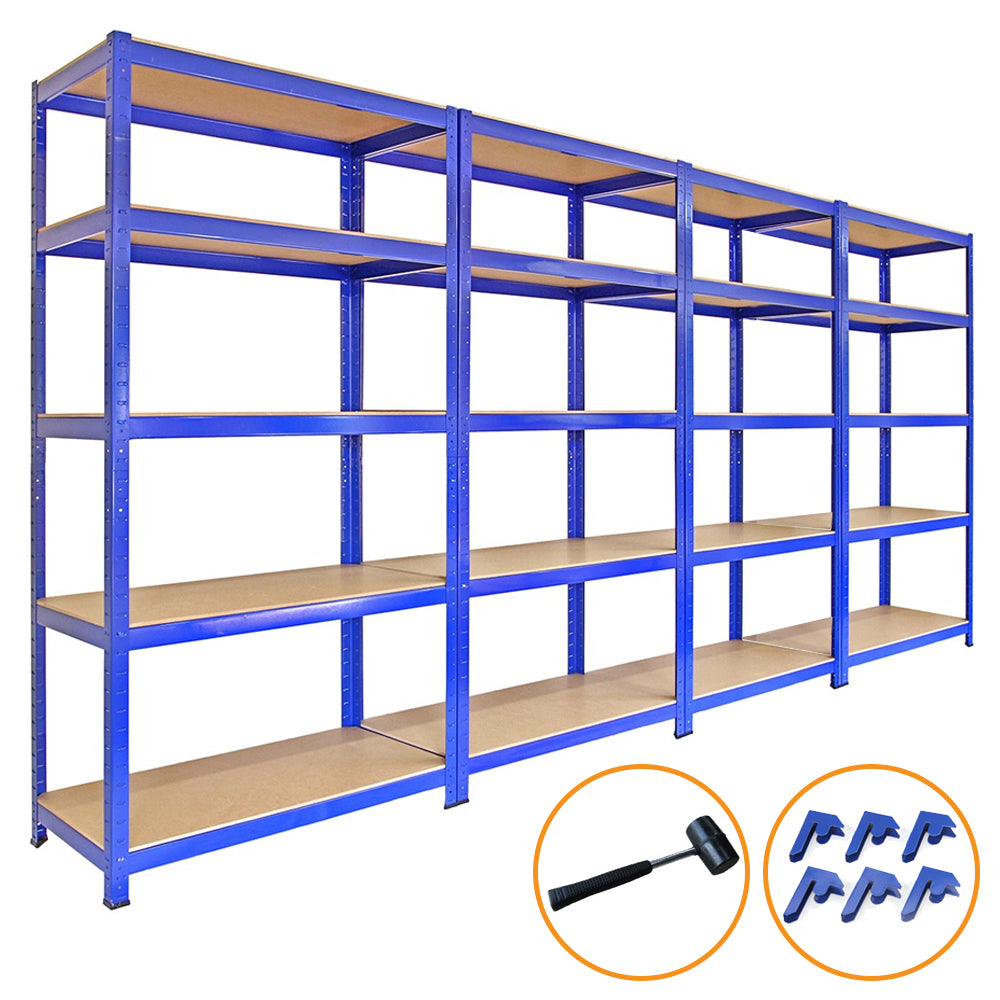 4 x 90 cm Blue Storage Racks, 4,200 kg Capacity, Includes Bay Connectors and Mallet