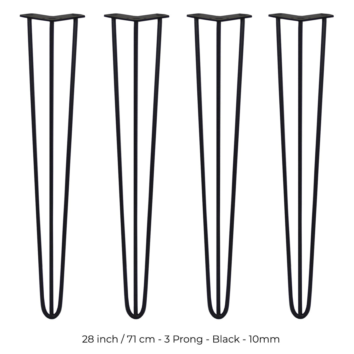 4-Pack 28in Hairpin Legs - 10mm Diameter - 3-Prong Mounting Plate - Black