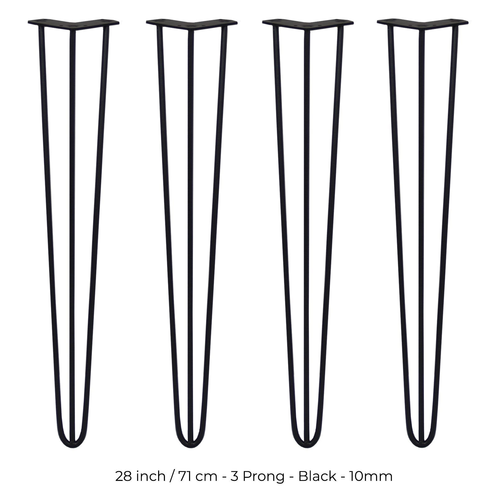 4-Pack 28in Hairpin Legs - 10mm Diameter - 3-Prong Mounting Plate - Black
