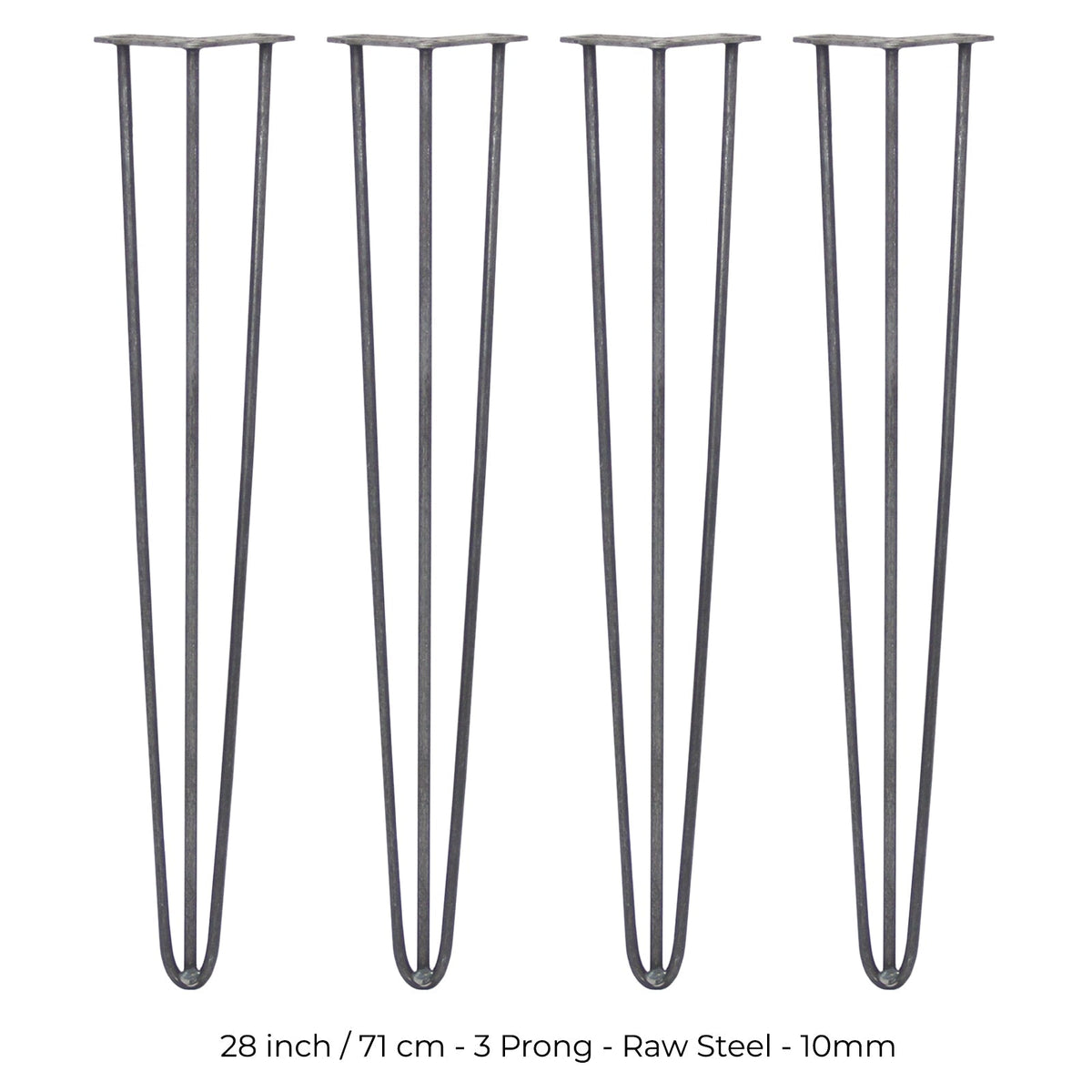 Set of 4 28-Inch Hairpin Legs, 3-Prong Mounting, 10mm Diameter, Raw Steel