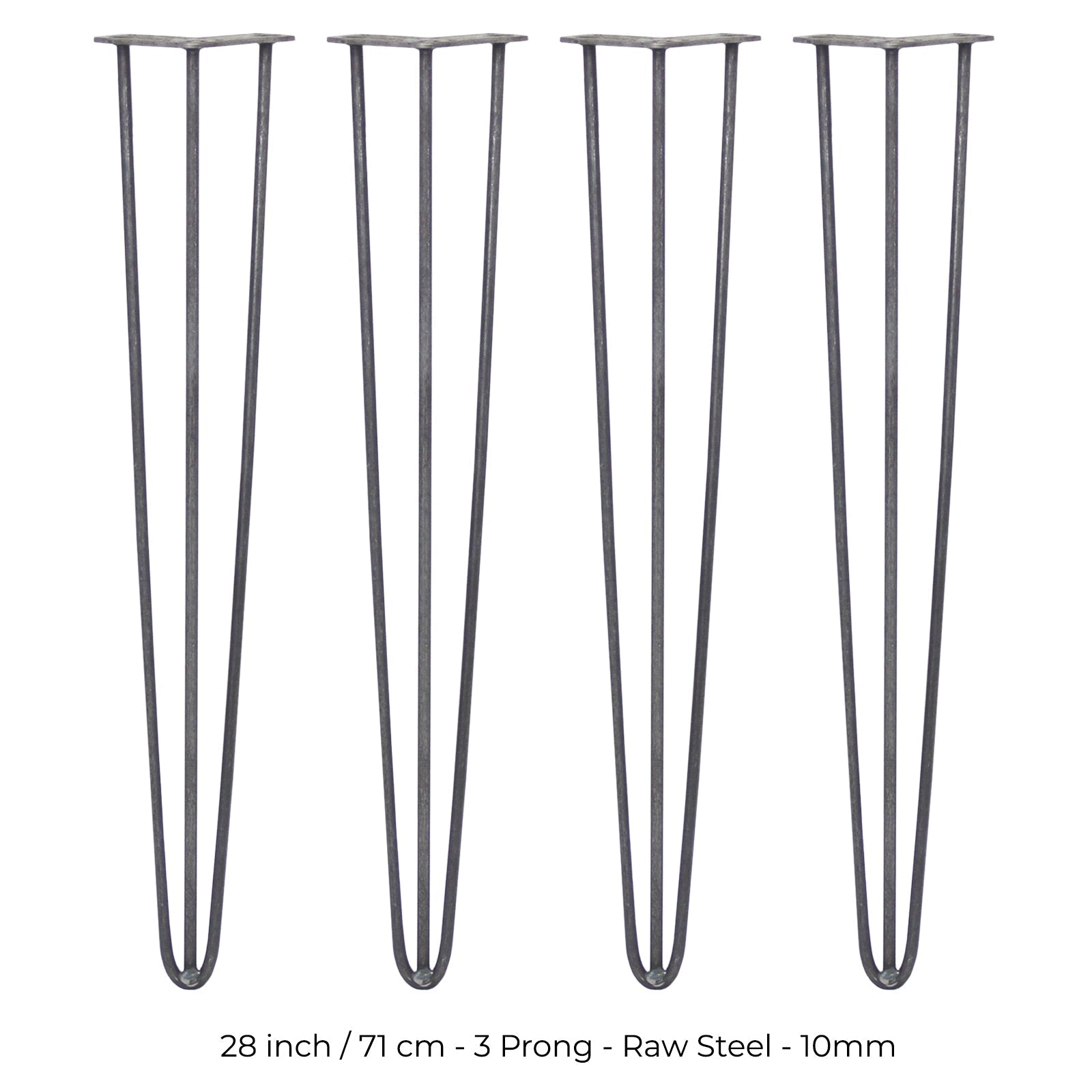 Set of 4 28-Inch Hairpin Legs, 3-Prong Mounting, 10mm Diameter, Raw Steel