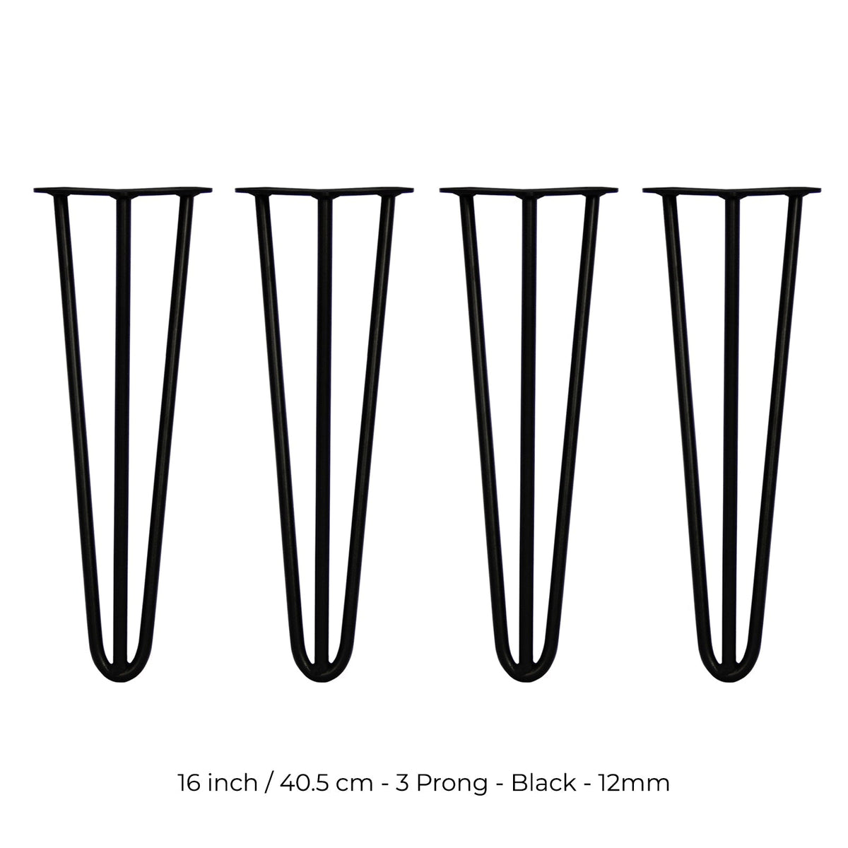 4-Pack 16-Inch Hairpin Legs, 12mm Diameter, 3-Prong, Black