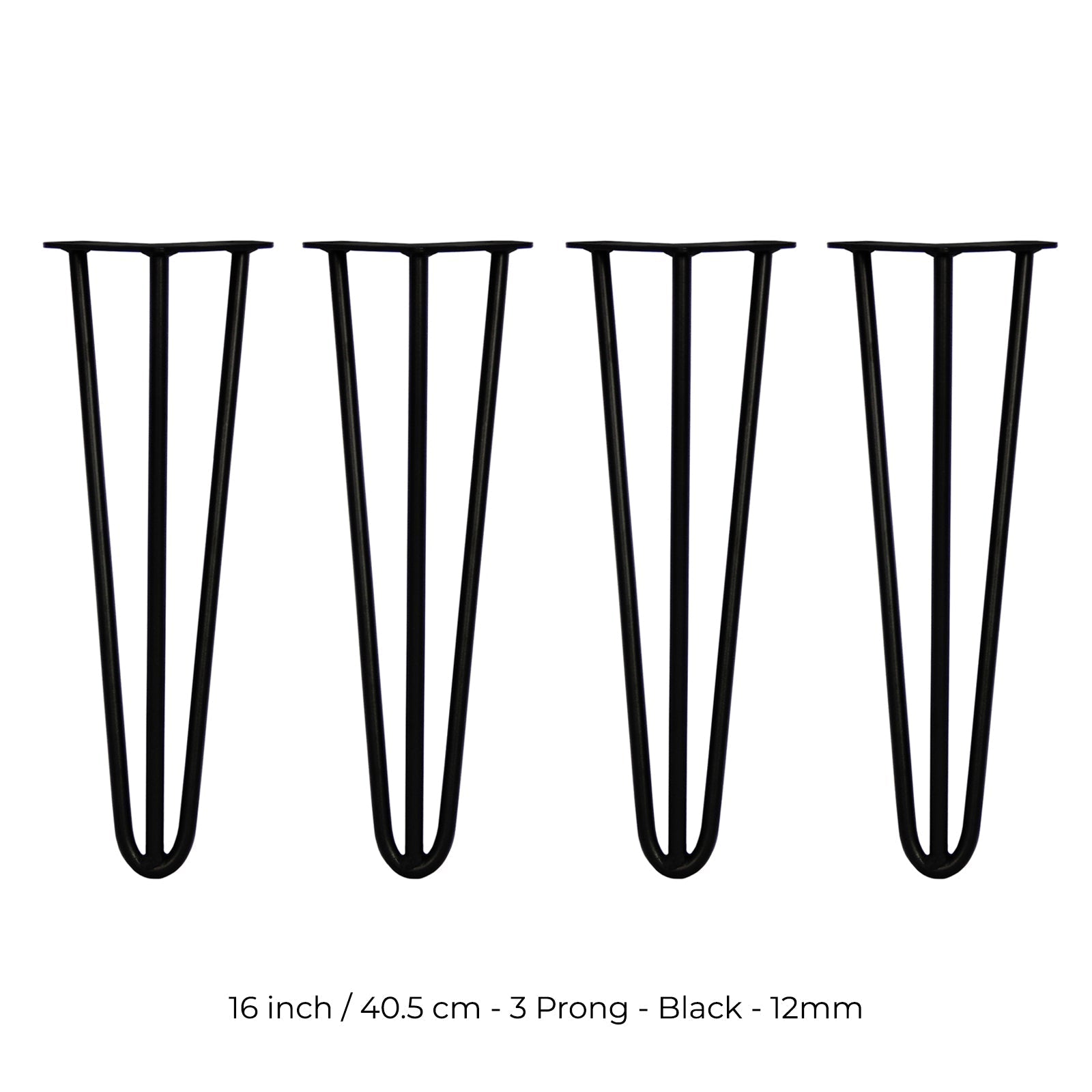 4-Pack 16-Inch Hairpin Legs, 12mm Diameter, 3-Prong, Black