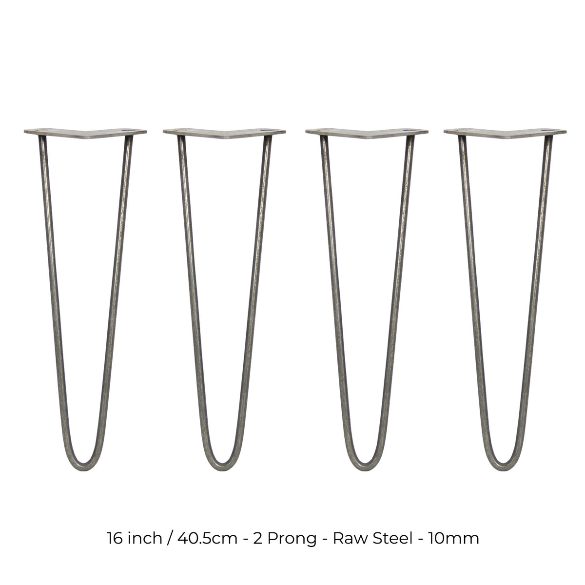 4-Pack 16-Inch Hairpin Legs, 2-Prong Mount, 10mm Diameter, Raw Steel