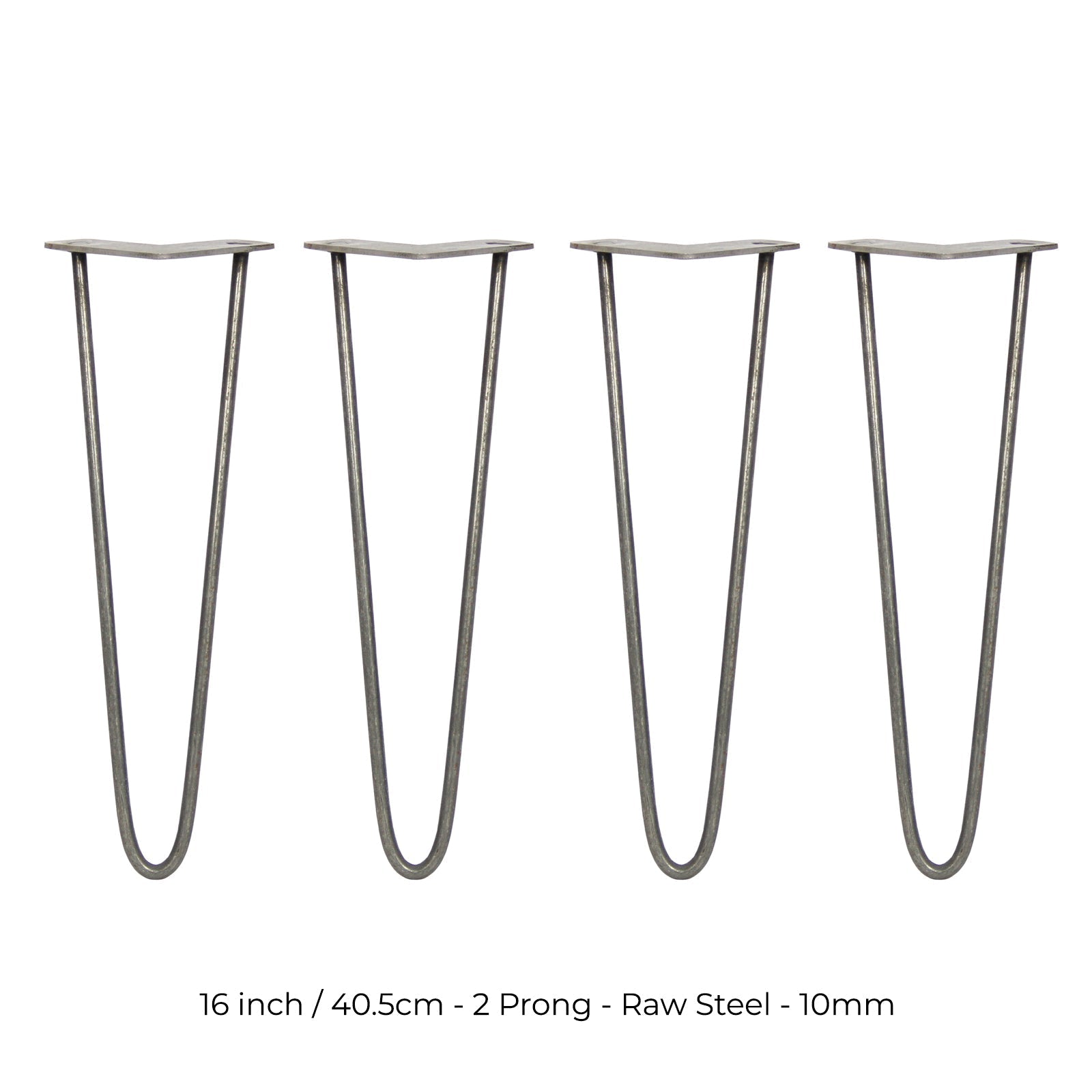 4-Pack 16-Inch Hairpin Legs, 2-Prong Mount, 10mm Diameter, Raw Steel