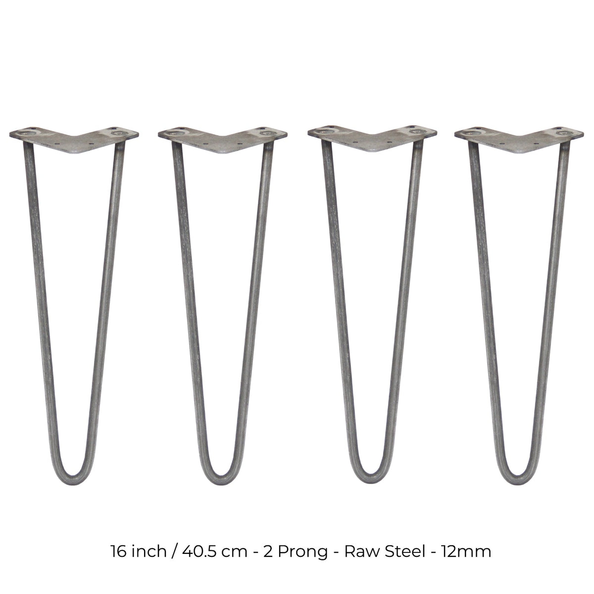 4-Pack 16-Inch Hairpin Legs, 12mm Diameter, 2-Prong Mounting, Raw Steel