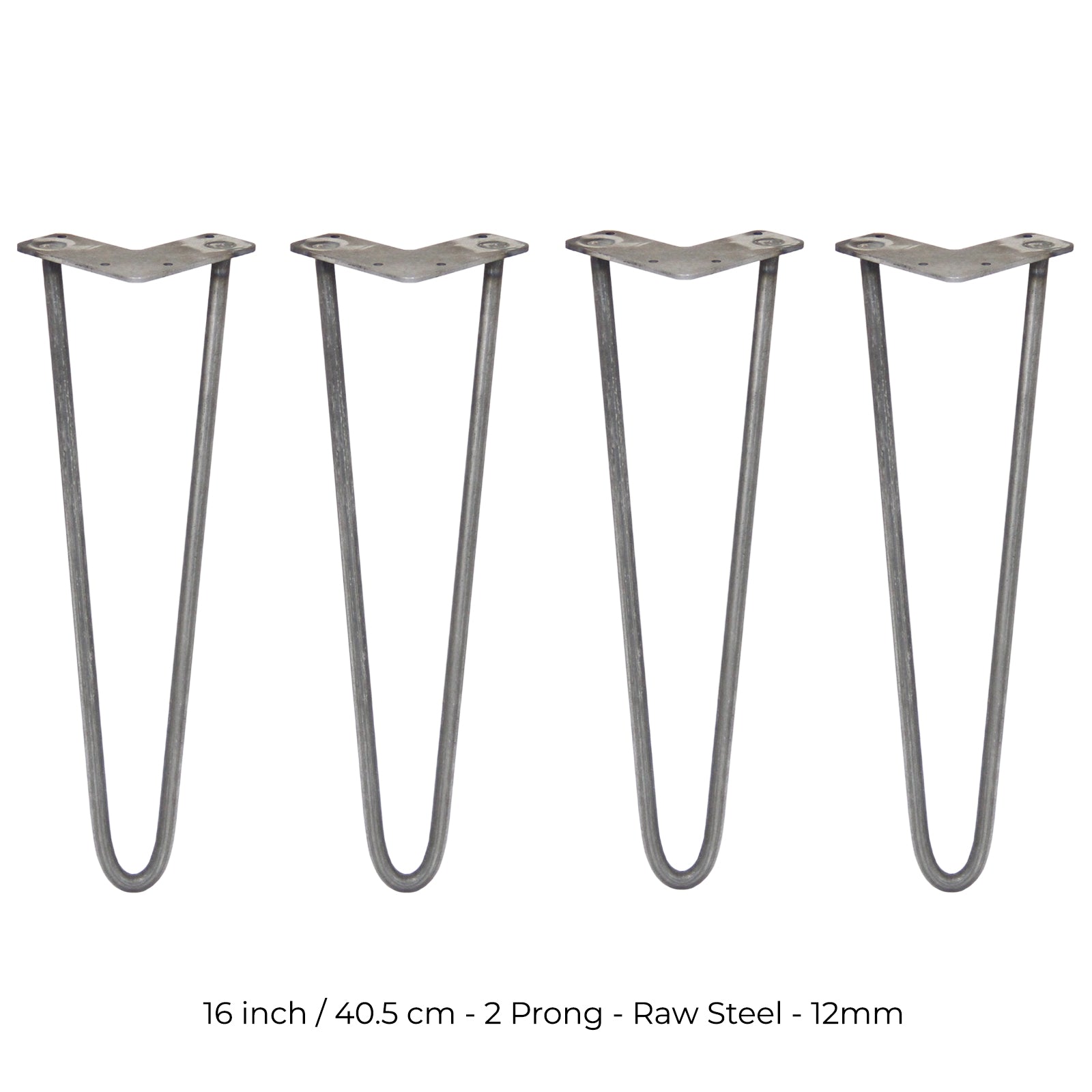 4-Pack 16-Inch Hairpin Legs, 12mm Diameter, 2-Prong Mounting, Raw Steel