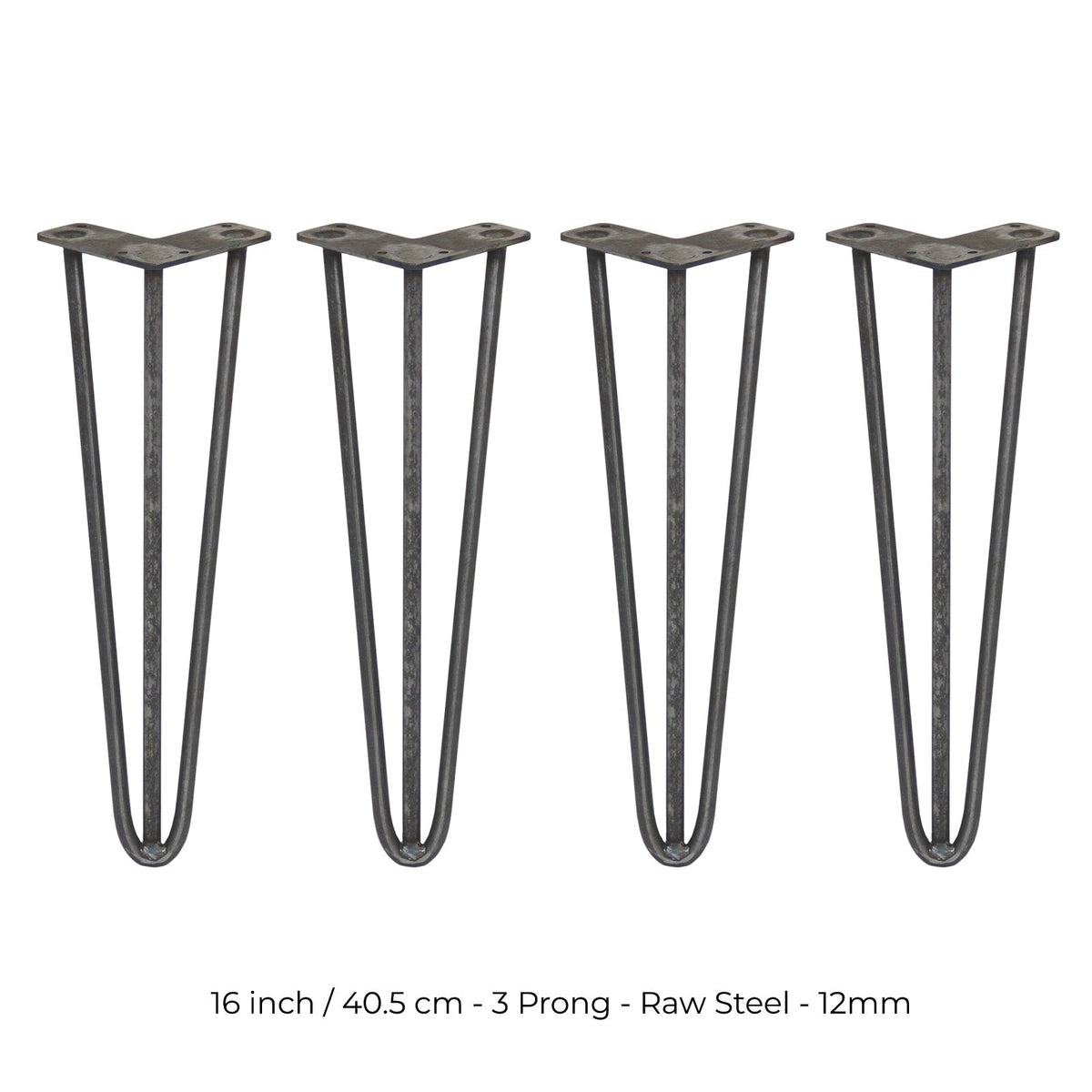 4 x 16-Inch Hairpin Legs, 12mm Diameter, 3-Prong Mounting, Raw Steel