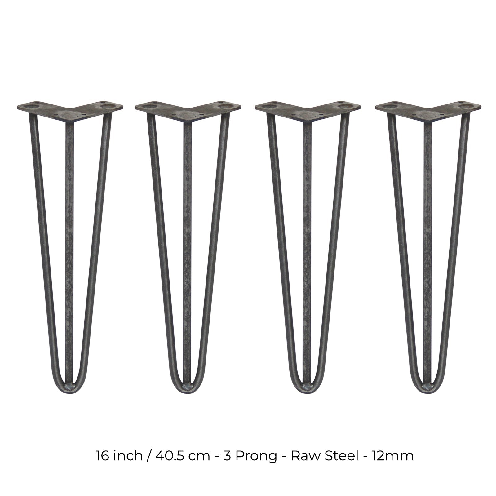4 x 16-Inch Hairpin Legs, 12mm Diameter, 3-Prong Mounting, Raw Steel