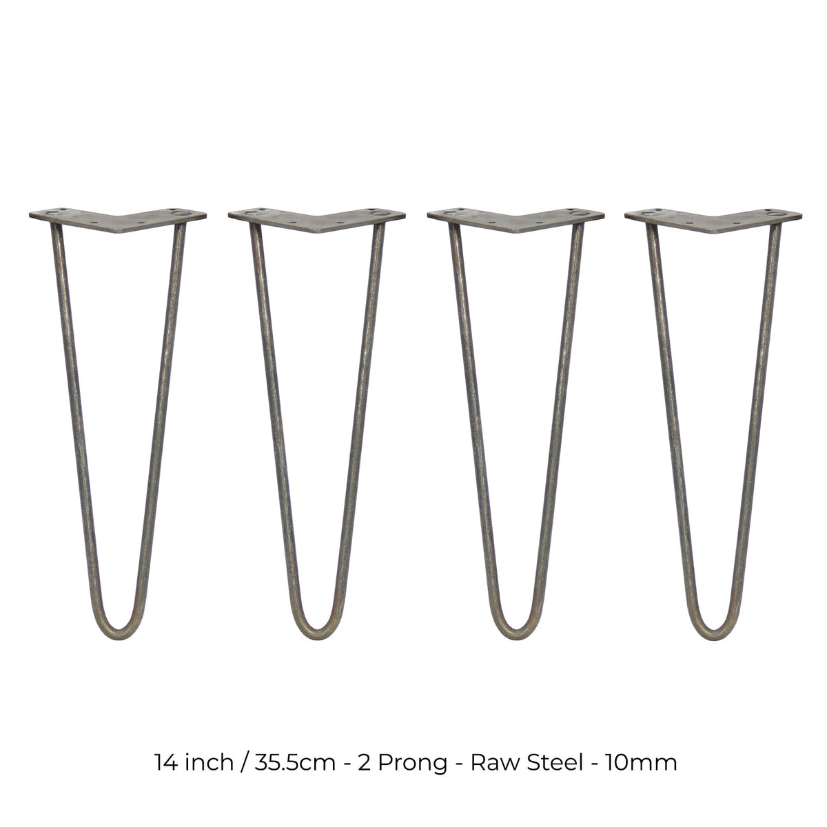 4-Pack 14-Inch Hairpin Legs, 2-Prong Top, 10mm Diameter, Raw Steel