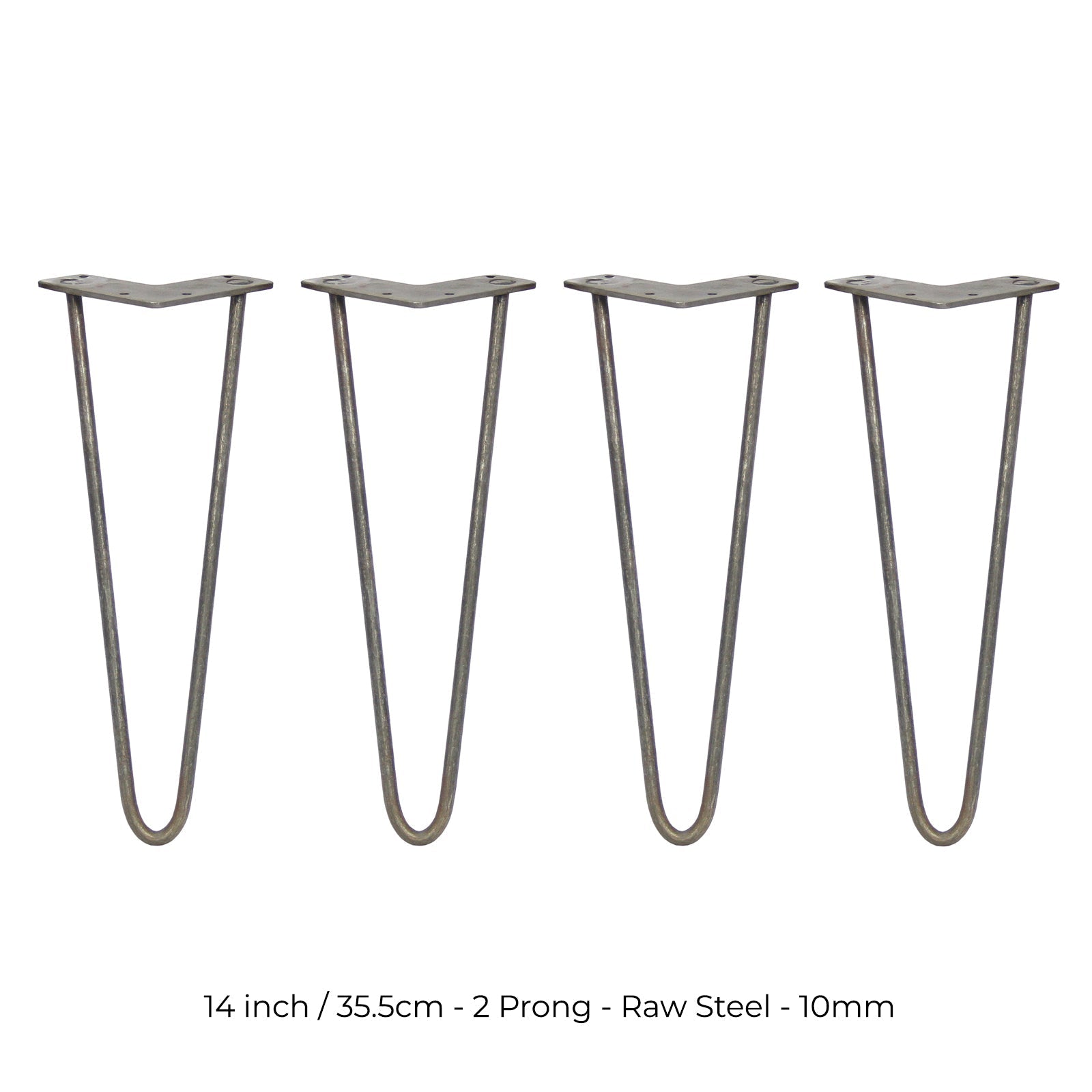 4-Pack 14-Inch Hairpin Legs, 2-Prong Top, 10mm Diameter, Raw Steel