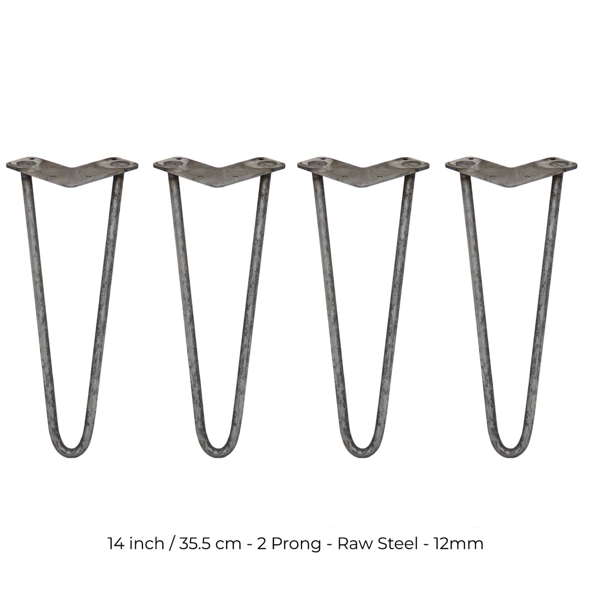 Set of 4 14-Inch Hairpin Legs, 12mm Diameter, 2-Prong, Raw Steel