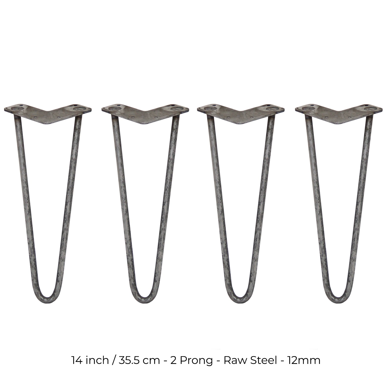 Set of 4 14-Inch Hairpin Legs, 12mm Diameter, 2-Prong, Raw Steel