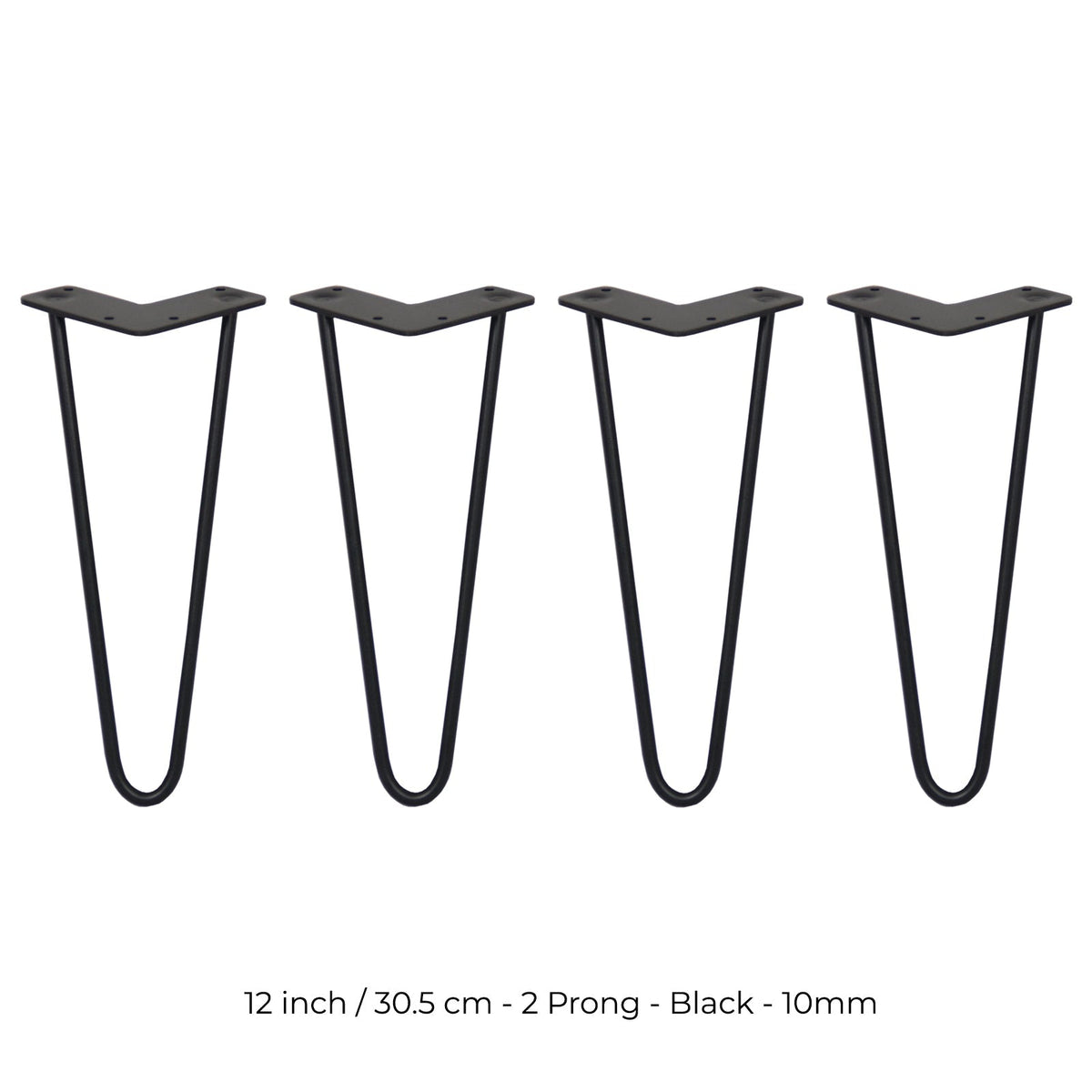 Set of 4 12-Inch Hairpin Legs, 10mm Diameter, Black, 2-Prong Mounting