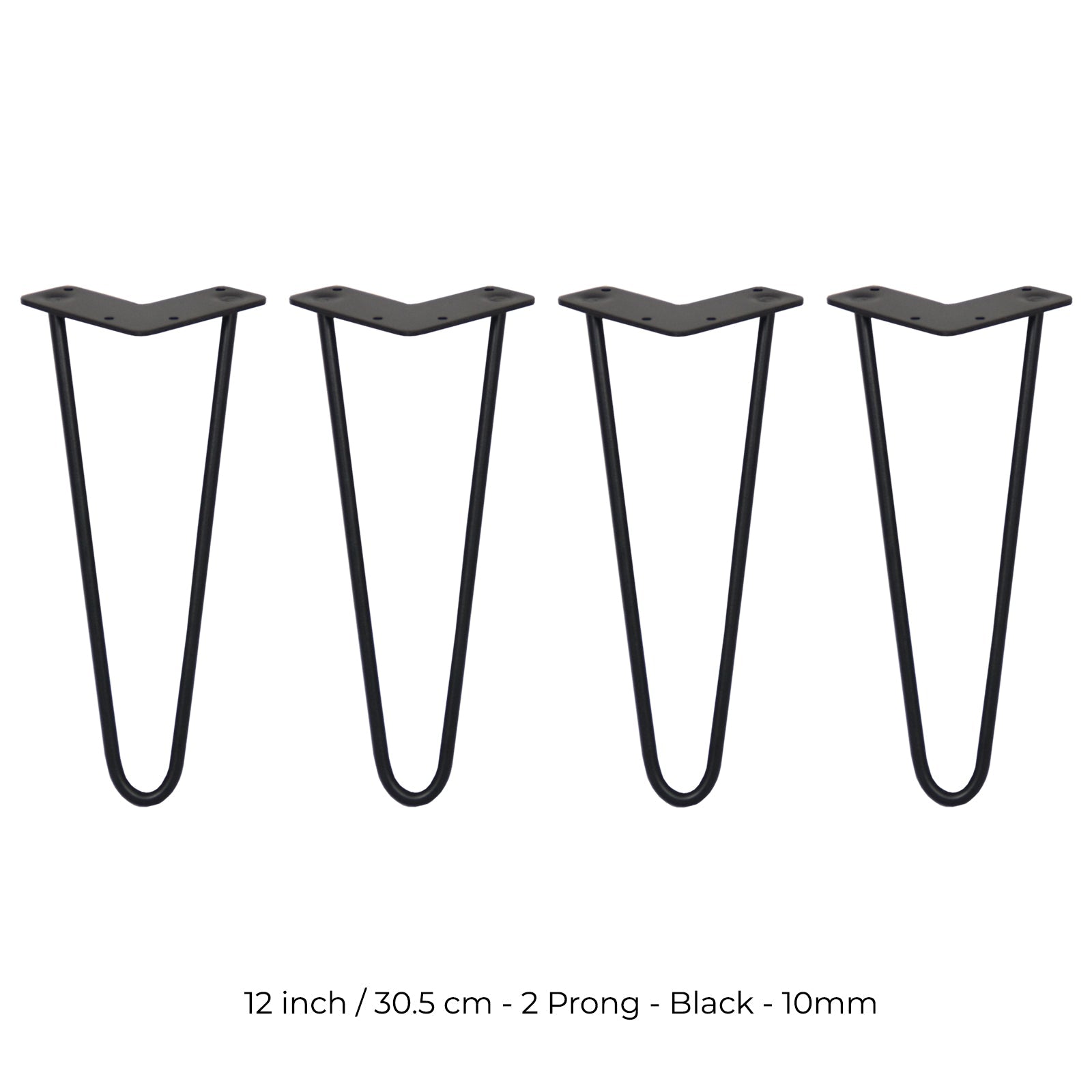 Set of 4 12-Inch Hairpin Legs, 10mm Diameter, Black, 2-Prong Mounting