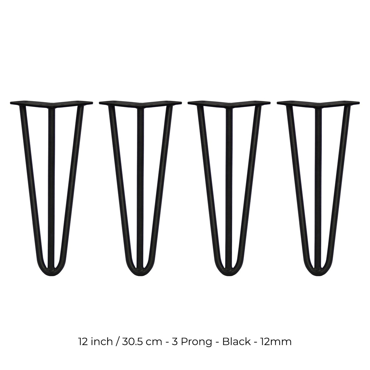4-Pack 12-Inch Hairpin Legs – 3-Prong Mount, 12mm Diameter, Black