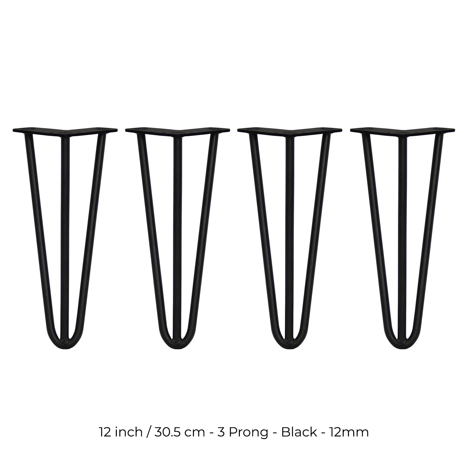 4-Pack 12-Inch Hairpin Legs – 3-Prong Mount, 12mm Diameter, Black