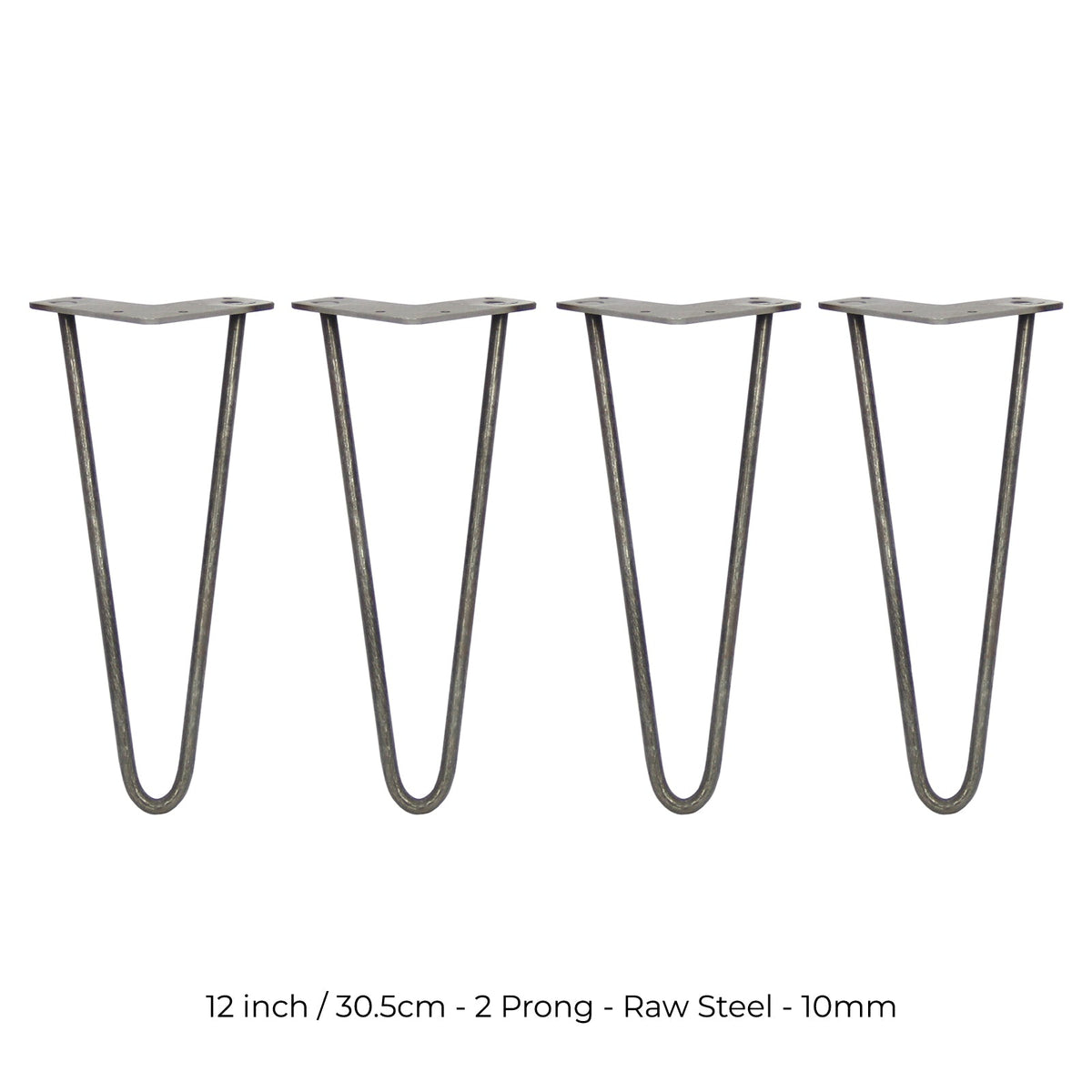 4-Pack 12-Inch Hairpin Legs, 2-Prong Mounting, 10mm Diameter, Raw Steel