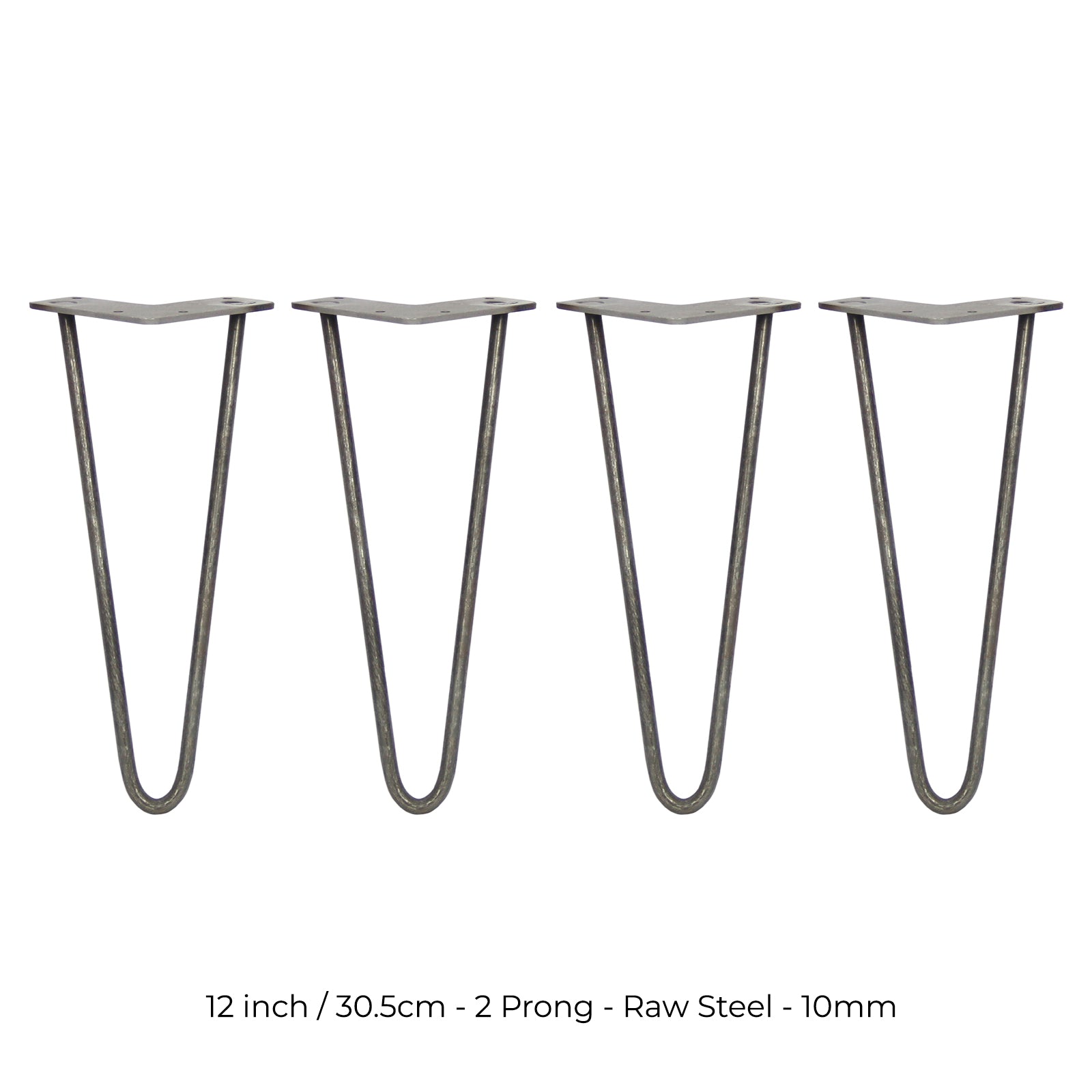 4-Pack 12-Inch Hairpin Legs, 2-Prong Mounting, 10mm Diameter, Raw Steel