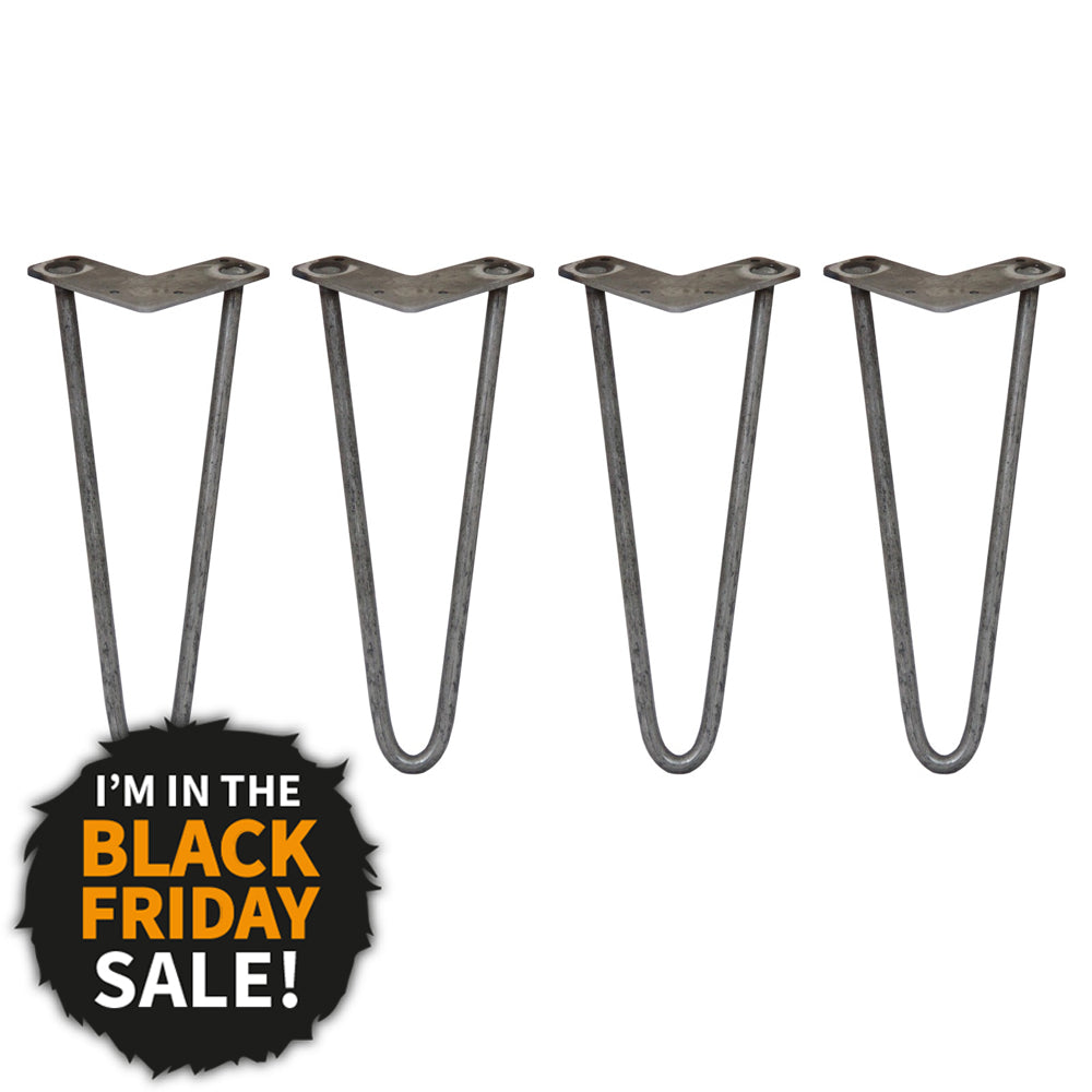 4-Pack 12-Inch Hairpin Legs, 12mm Diameter, 2-Prong Mounting, Raw Steel