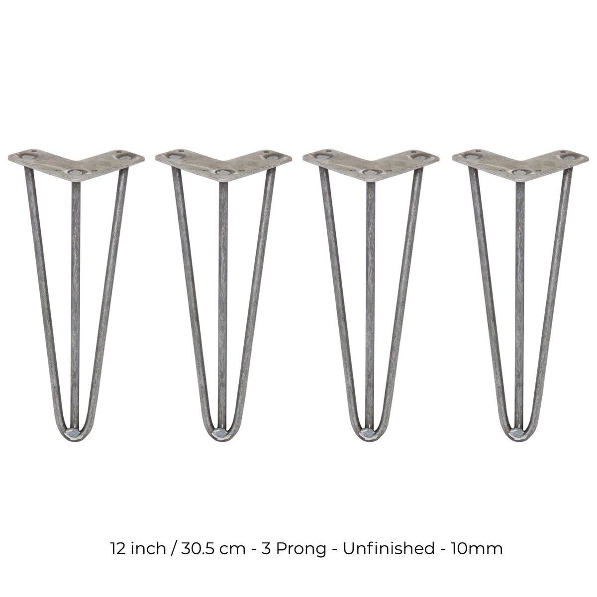 4-Pack 12-Inch Hairpin Legs, 3-Prong, 10mm Diameter, Raw Steel