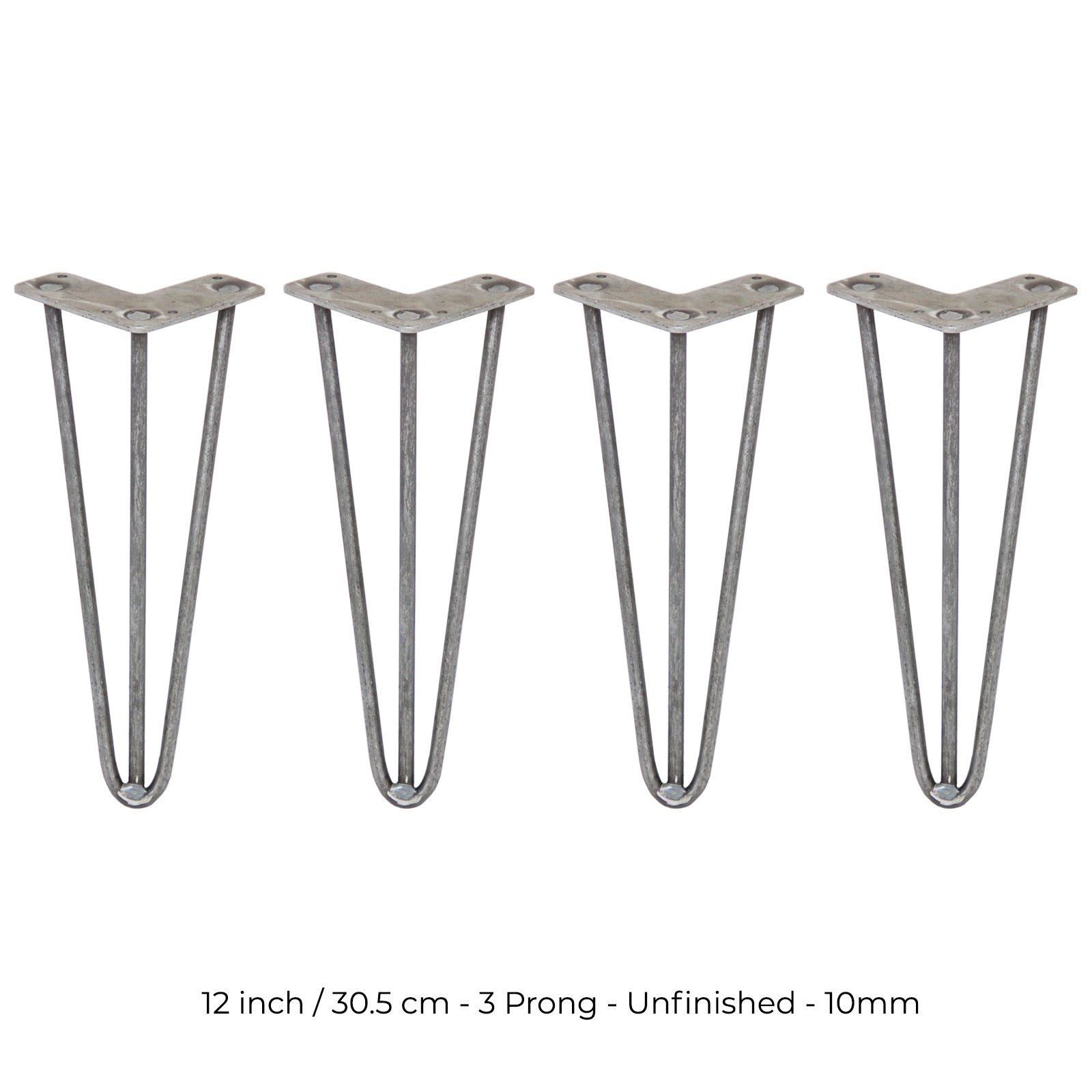 4-Pack 12-Inch Hairpin Legs, 3-Prong, 10mm Diameter, Raw Steel